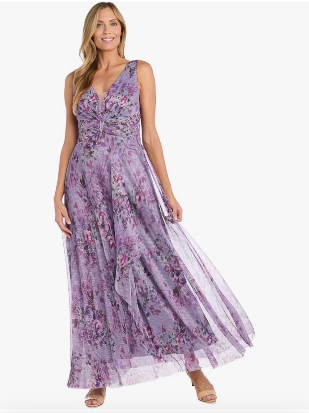 R&M Richards Lavender Floral V-Neck Maxi Gown